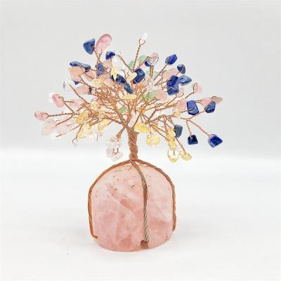 China Handmade natrual pink crystal copper wrapped tree decorations quartz base copper decoration for sale