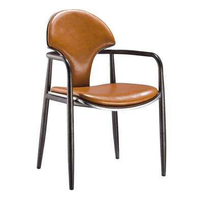 China Cooling Brown Leather Dining Chair With Armrest And Powder Coat Iron Frame for sale