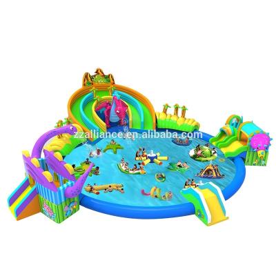 China Commercial Grade PVC Tarpaulin Dinosaur Design Inflatable Water Park Slide With Pool for sale