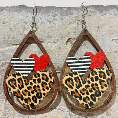 China New Arrival Trendy Patchwork Wooden Earrings Stain Leopard Heart Shape Valentine's Day Hollow Stud Earrings for sale