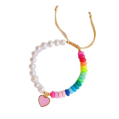 China Rainbow Beaded Clay Charm Hot Selling Bracelets Ladies Natural Pearl Bracelet Handmade Enamel Heart FASHION for sale