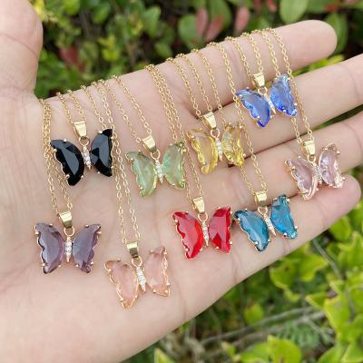 China Punk Fashion Crystal Glass Necklace Stainless Steel Clavicle Chain Women Multicolor Butterfly Necklaces for sale