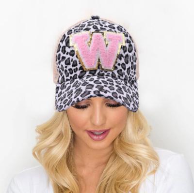 China New JOINT Custom Design Alphabet Letters Baseball Cap Leopard Print Fashion Cotton Women Ponytail Hats for sale