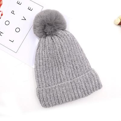 China COMMON Cute Pompom Knitted Outdoor Warm Lady Winter Spring Wool Hat Stripe Solid Design Beanie Hats for sale