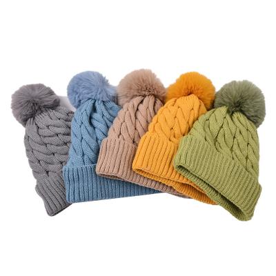 China New Winter COMMON Beanie Cute Pompon Thickened Warm Solid Color Acrylic Wool Hat Hats For Women for sale