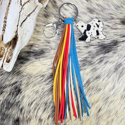 China Long Ring Texas Pendant Genuine Cowhide Key Chain Western Rainbow Color Fashion Cowboy Style Cowboy Fringe Key for sale