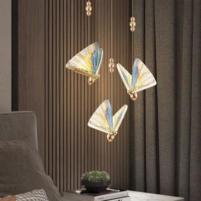 China Modern Designer Indoor Home Decor Stair Hanging Light Led Decorative Lighting Butterfly Fancy Chandeliers Acrylic Pendant Light for sale