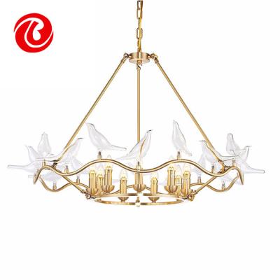 China Newest Design Style Modern Iron Gold Frame Glass Bird Led Pendant Light for sale