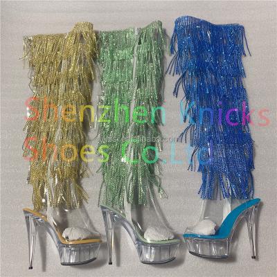 China 6inch-15CM Crystal Shoes Black Boots Height Increasing Super High Heel Diamond Tassel Red Tassel Boot for sale