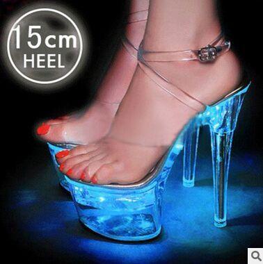 China Around 15cm Large Size Women's Shoes Crystal Transparent Clear Sandals Light Up Nightclub Shoes Steel Pipe Shoes for sale