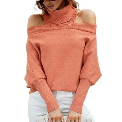 China Anti-wrinkle Women's turtleneck knit sweater fashion off-the-shoulder sexy pullover bat sleeve high lapel loose top custom for sale