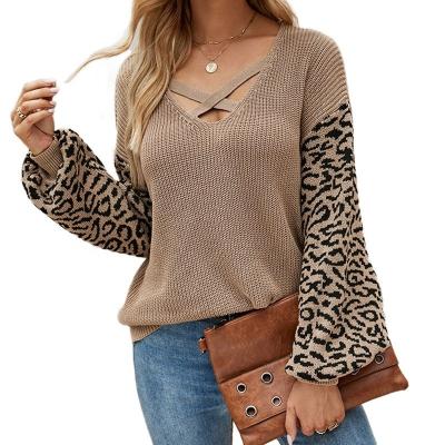 China Anti-wrinkle New V-neck knit chest strap lantern sleeve jacket loose patchwork leopard print pullover sweater women for sale