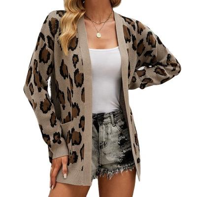 China Anti-wrinkle Women's sweater cardigan contrast color leopard pocket jacket autumn winter warm long knit custom for sale