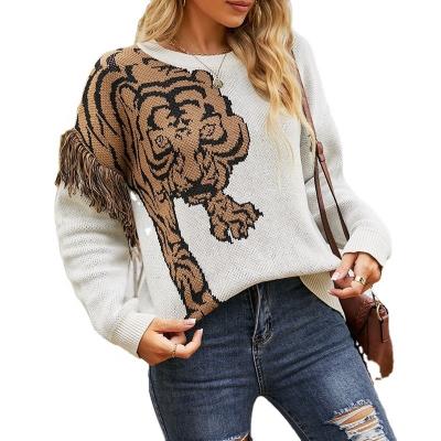 China Anti-wrinkle New women's jacquard sweater autumn and winter casual loose top fringed tiger jumper sweater custom for sale