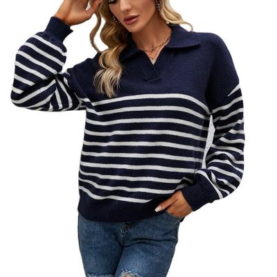 China Anti-wrinkle Autumn/winter striped sweater women's lantern sleeve pullover sweater fashion reverse collar top for sale