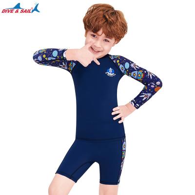 China Colorful Plus Size Kids Long Sleeve Anti UV Swimwear Short Leg Beach Rashguard Robe Kid 2 Pieces Printing Sunvest Wetsuit For Boys for sale