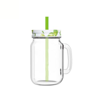 China Wholesale Condiment Bottle Custom Logo Stand Glass Water Mason Jars For Juice With Lid And Handle for sale