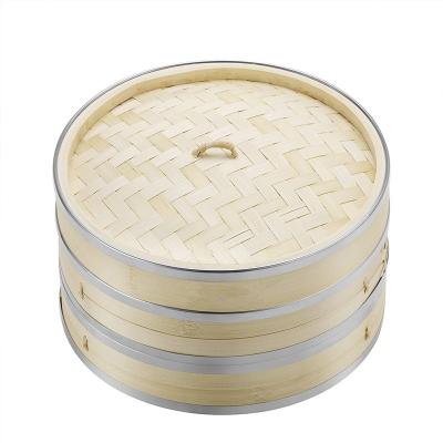 China Stocked 10 Inch 2 Tier Premium Bamboo Steamer with Stainless Steel Strip Perfect for Steaming Dim Sum Dumplings for sale