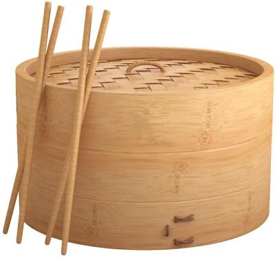 China 3 Piece Stocked Handmade Bamboo Steamer Basket 8 Inch 2 Tier With Bamboo Liners Steamer Cooker For Dumplings Rice for sale