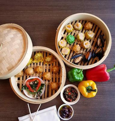 China Stocked Natural Handmade Bamboo Steamer 2 Row Baskets Cooker 10 Liner Sauce Dish 10 Inch For Dumpling Rice for sale