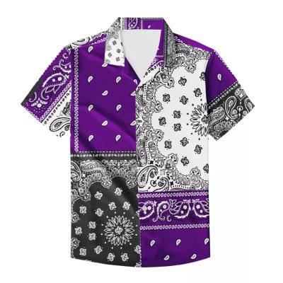 China Pattern Men's Bandana Print Sublimation Digital Anti-Pilling Short Sleeve Button Shirt Customized Size 5XL Comfy Male Loose Large Customized Shirt for sale