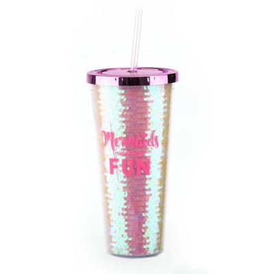 China Viable Electroplate Lid 24oz Plastic Double Wall Tumbler With Glitter Scale Insert for sale