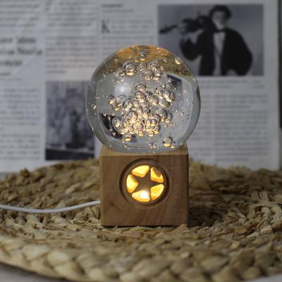 China Modern Beech Wood LED Crystal Ball Holder Star Night Light Craft Gift Stand USB Port for sale