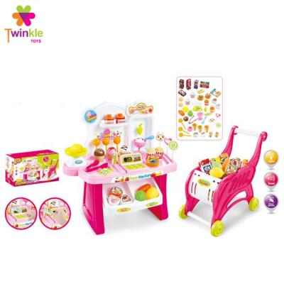 China Plastic Pretend Play 2 in 1 Mini Supermarket Play Set Dessert with Shopping Cart Toy for sale