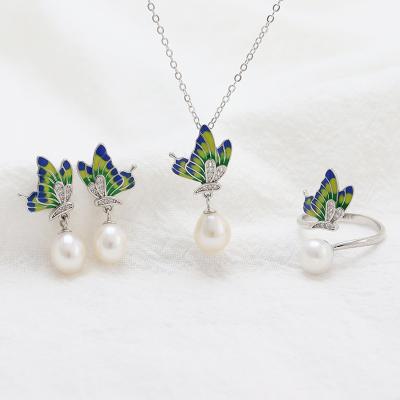 China TRENDY Fashion Jewelry 925 Sterling Silver Enamel Pearl Necklace Ring Earring Butterfly Jewelry Sets DIYP Accessories for sale