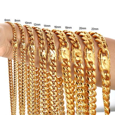 China Wholesale 6mm-22mm TRENDY 18K Gold Plated Cuban Link Chain Mens Hip Hop Jewelry Stainless Steel Necklace for sale