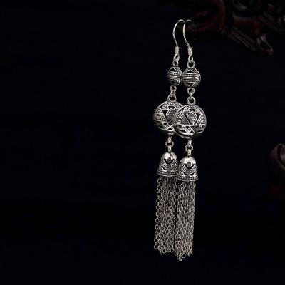 China Fashionable S925 Sterling Silver Hollow Peony Flower Retro Thai Silver Female Tassel Earrings for sale