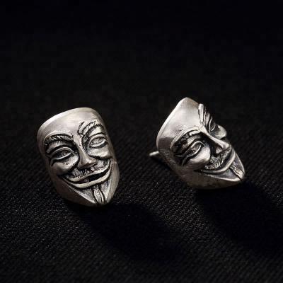 China Hyperbole 990 Sterling Silver Frosted Earrings Men Ghost Mask Punk Vintage Silver Jewelry For Male for sale