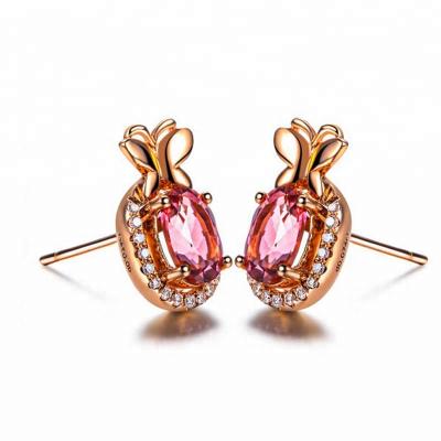 China 100% TRENDY Jewelry Rose Red Zircon Stud Earrings 925 Sterling Silver Sweet Bowknot Circle Earrings For Women for sale