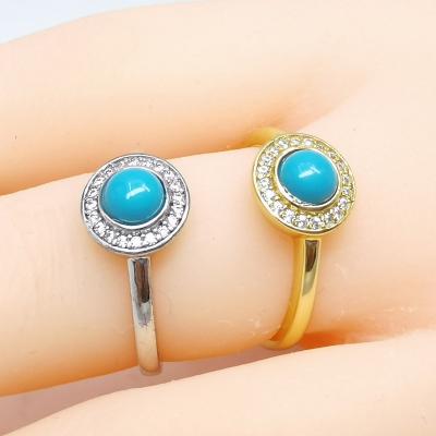 China New Casual/Sporty Fashion 925 Sterling Silver Bezel Setting Round Gold Plated Turquoise CZ Zircon Ring For Women for sale