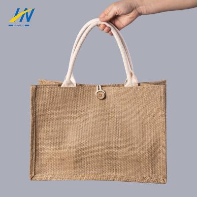 China Portable Jute Burlap Tote Button Handbag Linen Sack Rope Handle Gift Women Souvenir Handmade Grocery Store for sale