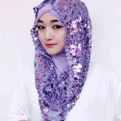 China Lace Up Luxury Fashion Islamic Muslim Headscarf With Sequin Gold And Silver Sequin Lace Up Hijab for sale