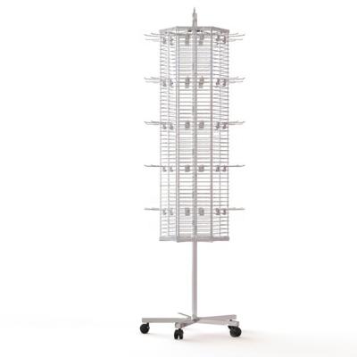 China Removable 60 Hooks Gridwall Metal Floor Display Stand 6 Sides Grid Panel Spinner Display Rack for sale