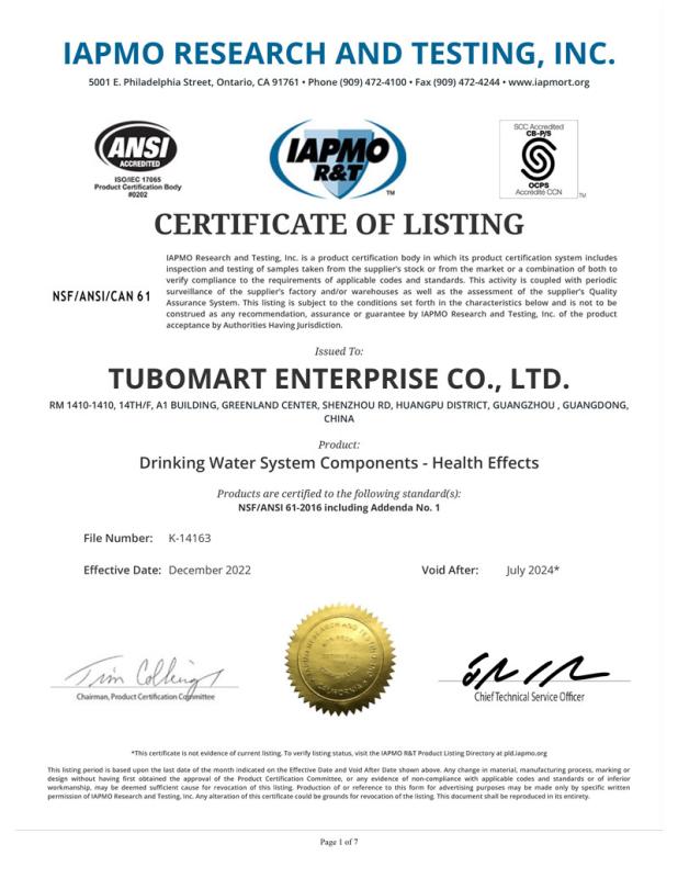 IAPMO - TUBOMART ENTERPRISE CO., LTD.