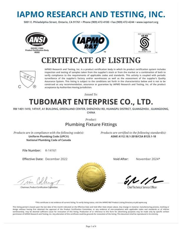 IAPMO - TUBOMART ENTERPRISE CO., LTD.