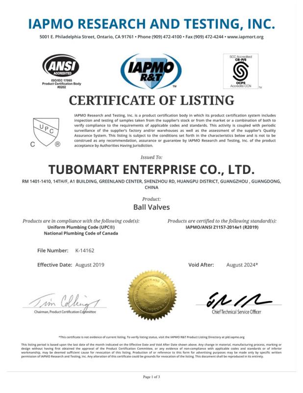 IAPMO - TUBOMART ENTERPRISE CO., LTD.