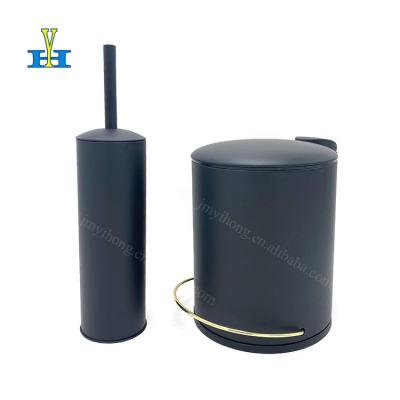 China Sustainable New Style Round Design Trash Can Household Toilet Brush Holder Bathroom Iron Waste Bin Sets for sale