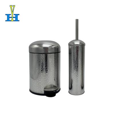 China Sustainable Eco-Friendly Stainless Steel Bins Toilet Brush Holder Embossing Dot Design Pedal Bins Set for sale