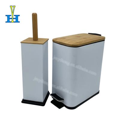 China Sustainable 5L Rectangle Bathroom Sets Bamboo Lid Household Trash Can Toilet Brushes for sale