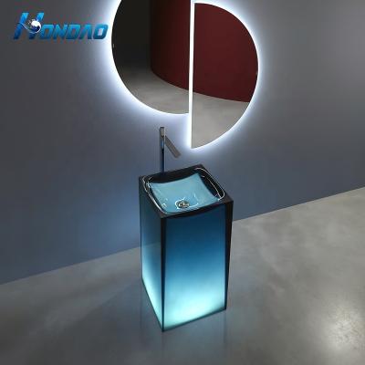 China Modern Transparent Artificial Crystal Sea Blue Bathroom Basin Resin Pedestal Sink for sale