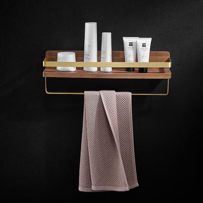 China Luxury walnut wood bathroom brushed Gold modern shelf rack paper shower caddy for sale