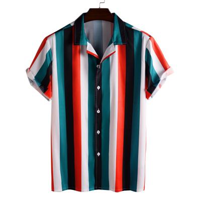 China Anti-pilling Low MOQ High Quality Custom Logo Printing Sublimation Shorts Sleeve Button Up Hawaiian Shirts Men Vertical Stripe Shirt for sale