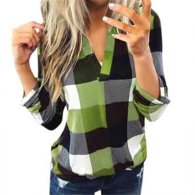 China Amazon News Plaid Printing Breathable Casual Women V-Neckline Women's Long Muslimah Blouse Shirt for sale