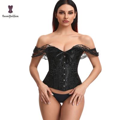 China Women Viable Black Jumpsuit Festival Bodice Jacquard Brocade Brocade Corset Crop Top Floral Mesh Off Shoulder for sale