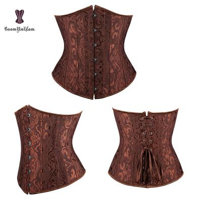 China Antibacterial Antibacterial Plus Size XS To XXXXXXL Lace Up Floral Boned Corset Brown Top Waist Trainer Bustier With 26 Steals Long Chest Belt for sale