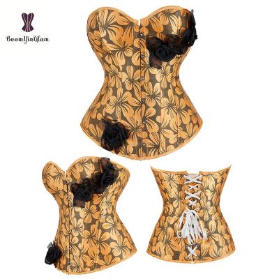 China Viable Viable Pink Blue Orange Female Body Shape Wear 6 Pin Floral Laceup Bustier Jacquard Overbust Corsets For Woman for sale